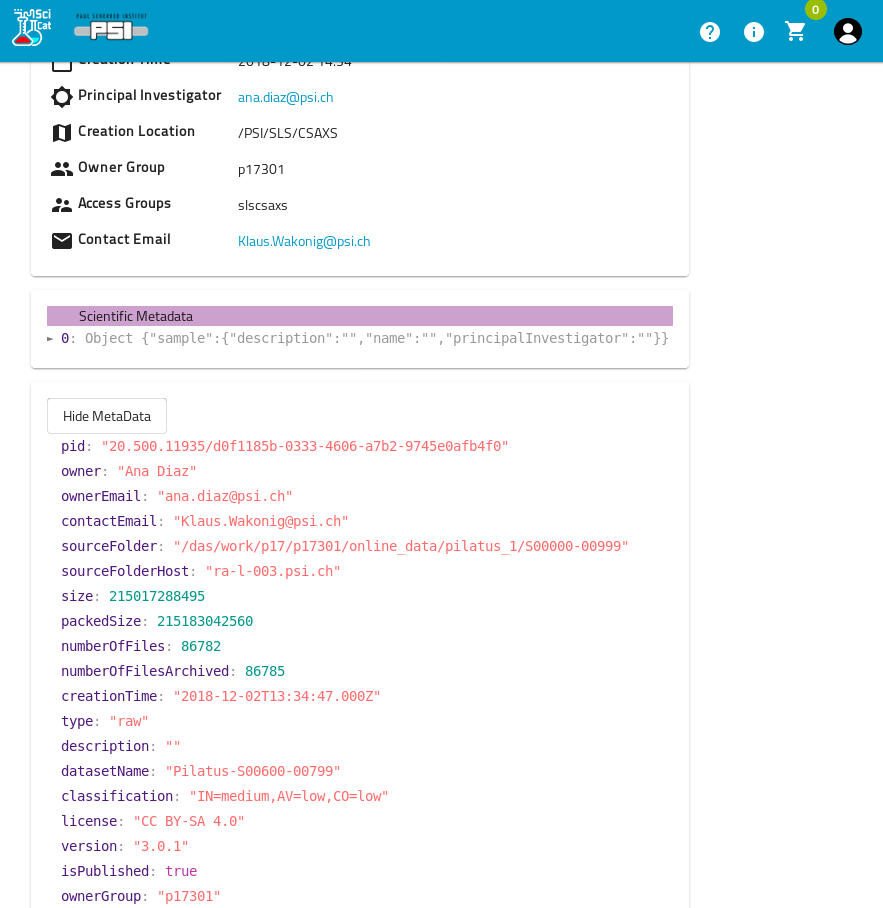 Raw JSON display of metadata